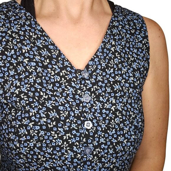 VTG 90 Dark Floral Mini Shirt Dress Black Blue Sleeveless Sz 8 Whimsigoth Grunge - Picture 3 of 10
